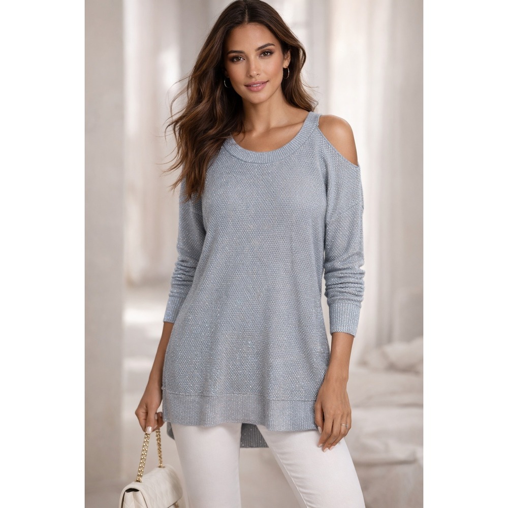 Michael Kors Cold Shoulder Sweater Womens L Blue Silver Metallic‎ Coastal Glam